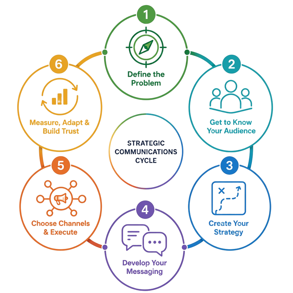 Strategic Communications Cycle: six steps arranged in a circle — Define the Problem, Get to Know Your Audience, Create Your Strategy, Develop Your Messaging, Choose Channels & Execute, Measure, Adapt & Build Trust.